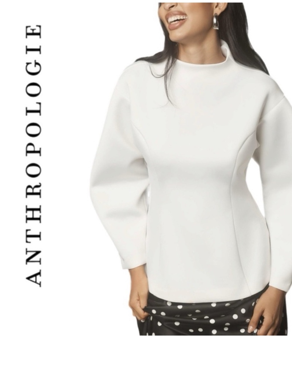 Anthropologie White Structured Bubble Sleeve Top Size L